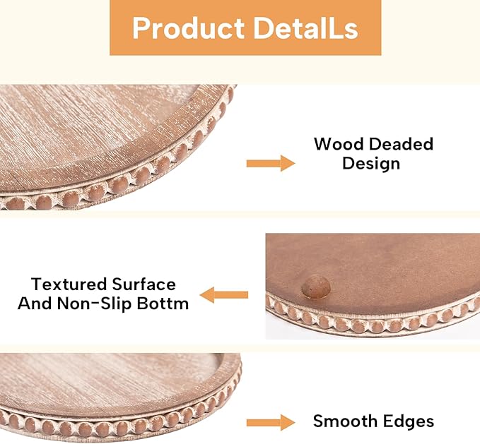 HPC Decor 12in Round Gray Wood Beaded Tray - Decorative Living Room, Coffee Table, Kitchen Table, Dining Room or Farmhouse Serving Tray