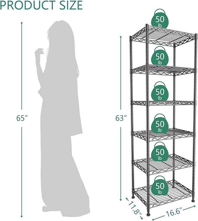 GIOTORENT 6-Tier Storage Shelves Standing Shelving Metal Units, Adjustable Height Wire Shelf Display Rack for Pantry Laundry Bathroom Kitchen 16.6” x 11.8” x 63”, Black