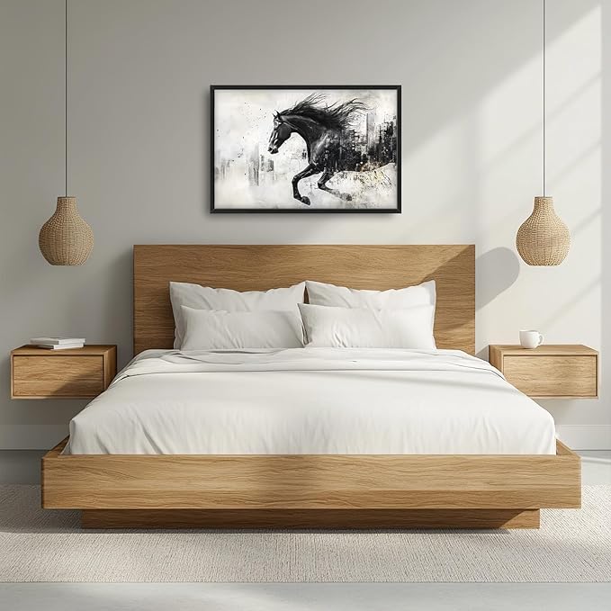 Framed Large Wall Art for Living Room, Black Running Horse Canvas Wall Decor, Large City Picture Framed Painting, Abstract Modern Artwork for Bedroom Office 36L'' × 24W''