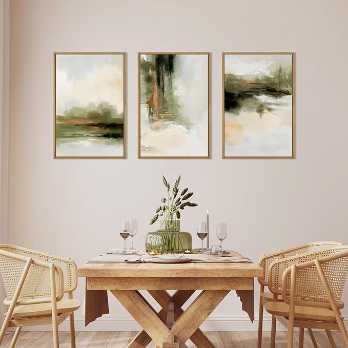 KAIRNE 3Pc Green Abstract Neutral Framed Canvas Wall Art Set, Modern Watercolor Shapes Wall Decor, Minimalist Pastel Wall Painting, Brown, Gray Tan for Living Room, Bedroom, Office 16x24 Inch