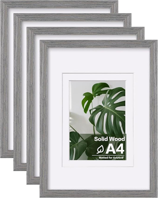 Egofine A4 Picture Frames Set of 4, Made of Solid Wood Covered by Plexiglass 4x6 and 6x8 with Mat or A4 without Mat, for Table Top Display and Wall Mounting Photo Frame Light Grey
