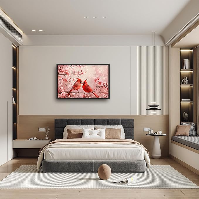 Flintis Large Cardinals Wall Art Red Cardinals Pictures Wall Decor Abstract Animal Canvas Painting Print Artwork Decoration Framed for Living Room Bathroom Master Bedroom Office Dining 36L x 24W