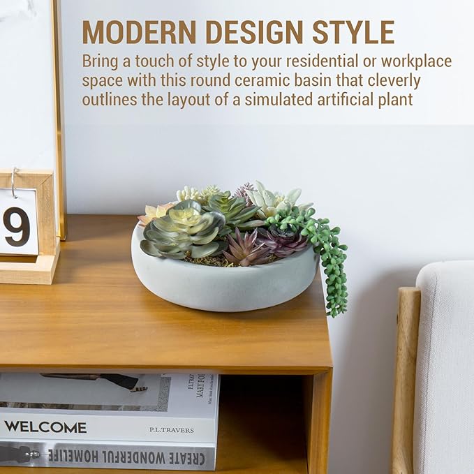 MyGift 8 Inch Round Modern Artificial Succulent Arrangement Potted in Gray Concrete Plant Bowl, Assorted Faux Mini Succulents in a Decorative Planter Pot