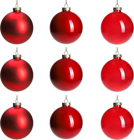 DN DECONATION Red Glass Christmas Ornaments, Set of 9, 3.15' Hanging Christmas Baubles for Xmas Tree Decoration, Wedding Party Gift