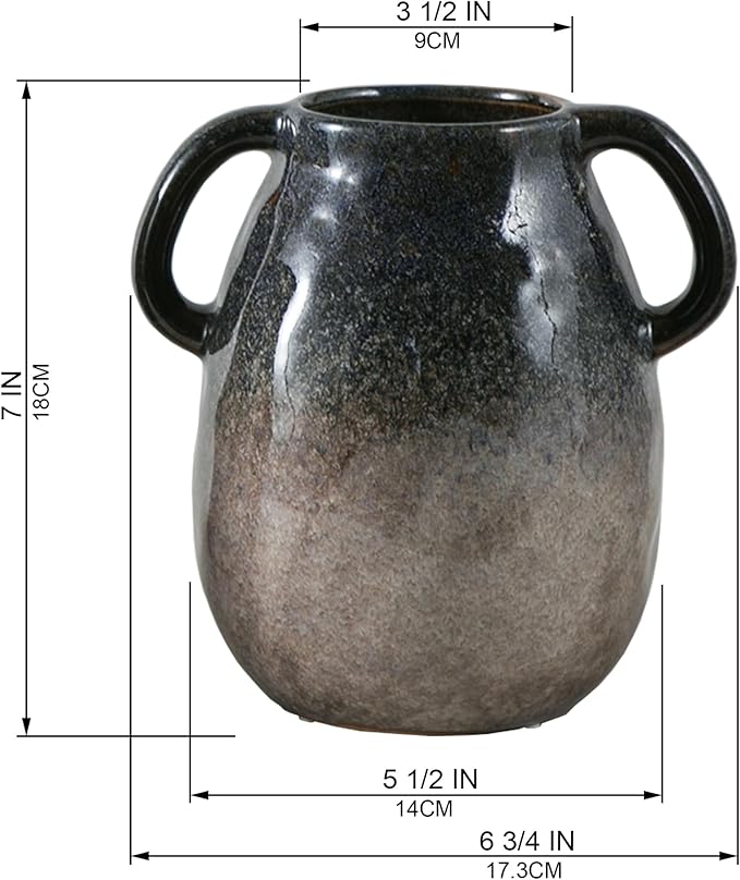 Blue Gradient Ceramic Vase with 2 Handles, Modern Farmhouse Decor, Rustic Terracotta Pottery, Decorative Clay Flower Vase, Centerpiece for Dining Table - 7 Inch