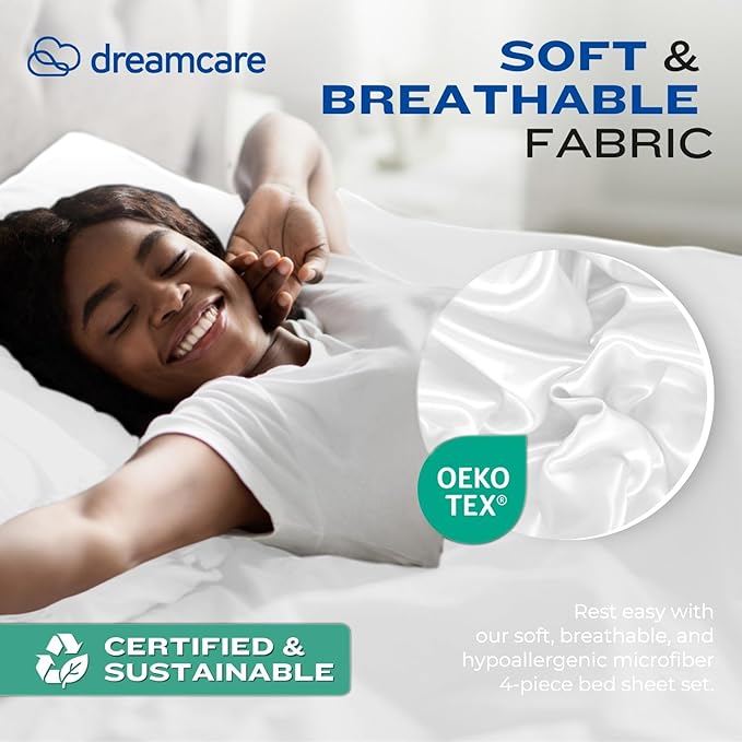 DREAMCARE Twin XL Sheet Set - Cooling Bed Sheets - 4pc Set - Up to 15" Deep Pocket Sheets - Soft & Long Lasting 100% Fine Brushed Polyester with Side Pocket - White