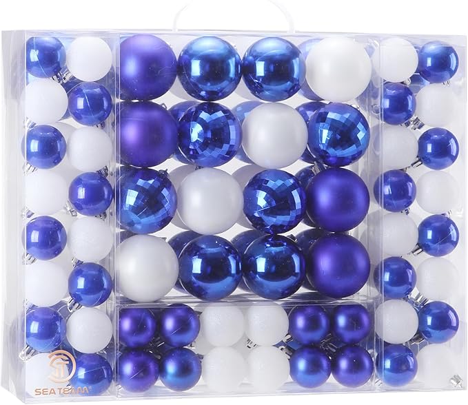 Sea Team 87-Pack Shatterproof Blue Christmas Ball Ornaments Set, Assorted Multi-Sized Hanging Baubles, Xmas Tree Decorations, Seasonal Décor for Holiday Wreath Garland, Hooks Included