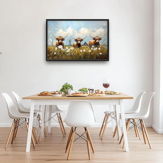 Flintis Large Highland Cow Barn Framed Wall Art Farmhouse Highland Cattle Daisy Pictures Wall Decor Abstract Canvas Painting Print Artworks Framed for Living Room Bathroom Master Bedroom 36L X 24W