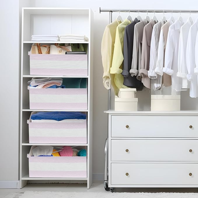 Linen Closet Organizers and Storage, Trapezoid Fabric Bins, Home Office Organization Baskets Striped Collapsible Box with Handles for Clothes, Blanket, Books, DVD, 4 Pack, Light Pink/White