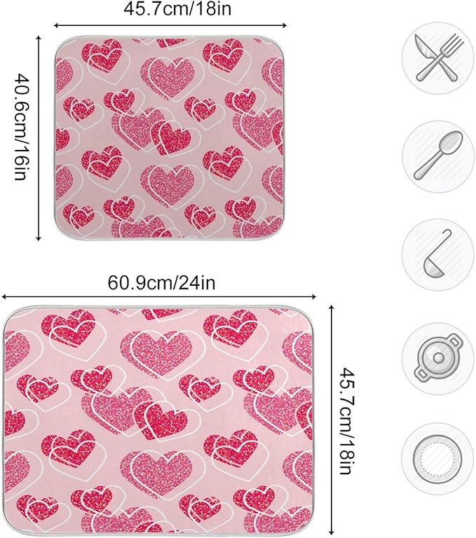Mothers Valentines Day Hearts Dish Drying Mat 18 X 24 Inch Stars Romantic Red Pink Glitter Love Heart Dry Dishes Pads Drainer Mats Tableware Protector for Home Kitchen Countertops Counter Decorations