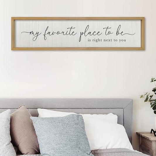Love Quotes Wall Decor My Favorite Place To Be Sign 32"×8" Couples Love Theme Plaque Modren Farmhouse Master Bedroom Above Over Bed Wood Framed Wall Art (Wood)