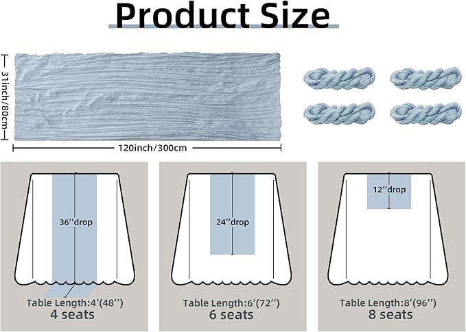 FEXIA 4 Pack Dusty Blue Table Runner 35x120 Inches for Baby Shower Decoration Gauze Rustic Table Runner for Wedding Party First Communion Centerpiece Engagement Bridal Shower Boho Decoration