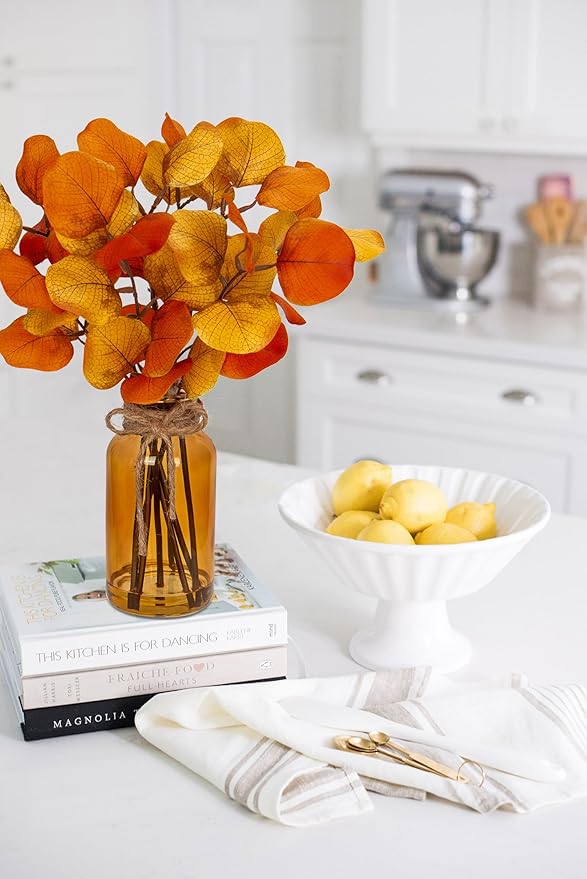 Briful Artificial Eucalyptus Stems in Amber Glass Vase with Faux Water, 14" Fake Fall Plant Autumn Leaves for Home Farmhouse Wedding Centerpiece Bathroom Décor