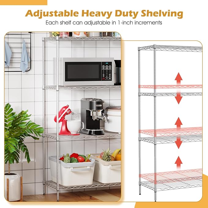 PayLessHere 4 Tier Shelving Unit 13.4" D×35" W×53.7" H Metal Shelving Standing Storage Shelf with 4 Steel Frame Adjustable Layer Racks Metal Commercial Shelf for Kitchen, Garage (Chrome)
