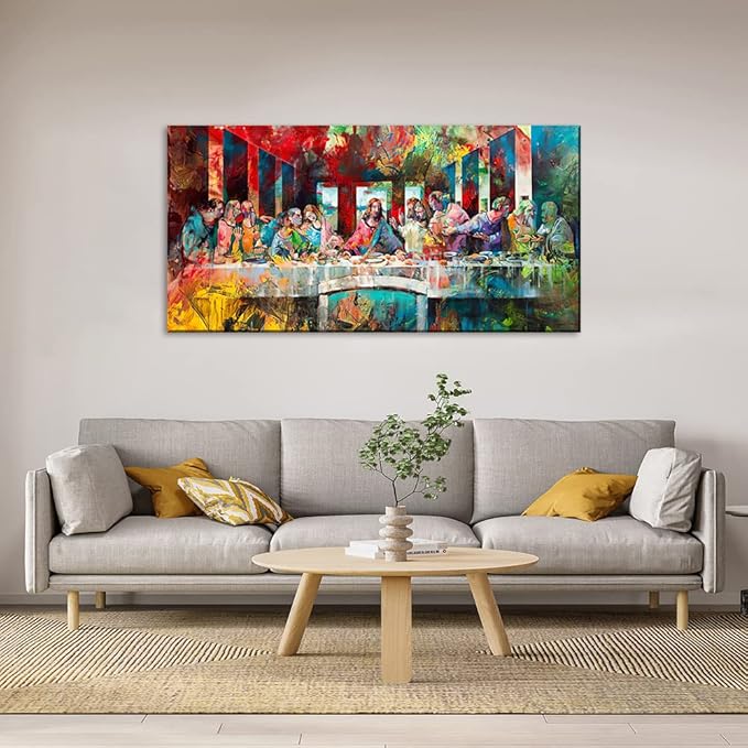 Large Canvas Wall Art - Colorful The Last Supper Painting Picture Framed Reproduction Prints Poster Modern Home Decoration for Living Room Bedroom Office, Ready To Hang 48x24 in