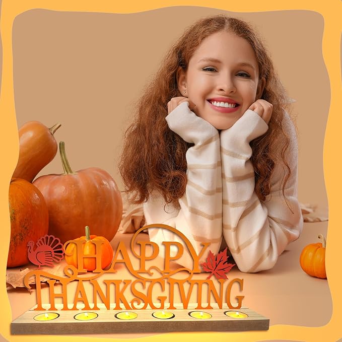 Happy Thanksgiving Metal Sign Rustic Table Decorations with Wooden Base, Tiered Tray Decor with 18pcs Tealights, Table Centerpieces Metal Word Sign for Fall Party Home Indoor Office Tabletop Mantel