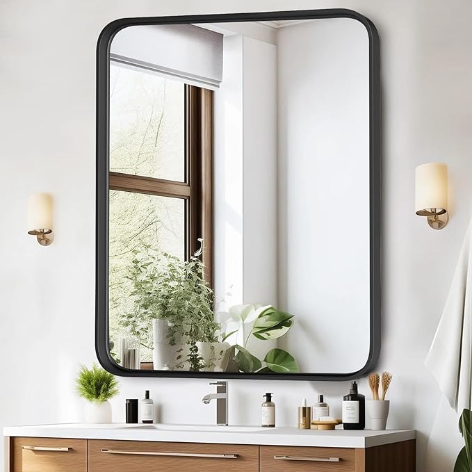 Bathroom Mirror 40x30 Inch Black Metal Framed Rounded Rectangle Vanity Mirror for Wall, Over Sink, Farmhouse, Restroom, Anti-Rust, Modern Decorative, Horizontal or Vertical Hanging
