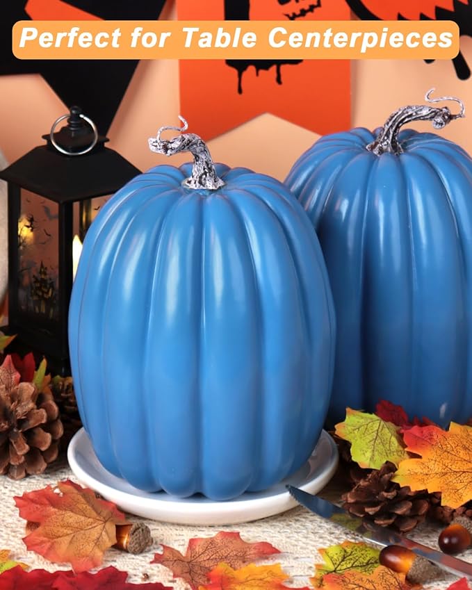 vensovo 2PCS 8 Inch Blue Plastic Pumpkins for Decorating – Large Artificial Foam Pumpkins for Fall Decor, Halloween, Thanksgiving, Paintable for DIY Crafts & Centerpieces