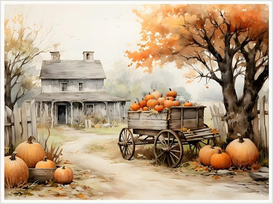Autumn Farmhouse Sketch posters Gallery Canvas Print Wall Art Vintage Farmhouse Decor Autumn Art Fall Landscape Pumpkin Decoration 20x30"Unframed