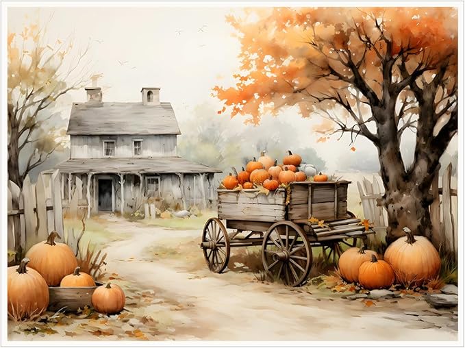 Autumn Farmhouse Sketch posters Gallery Canvas Print Wall Art Vintage Farmhouse Decor Autumn Art Fall Landscape Pumpkin Decoration 11x14"Unframed