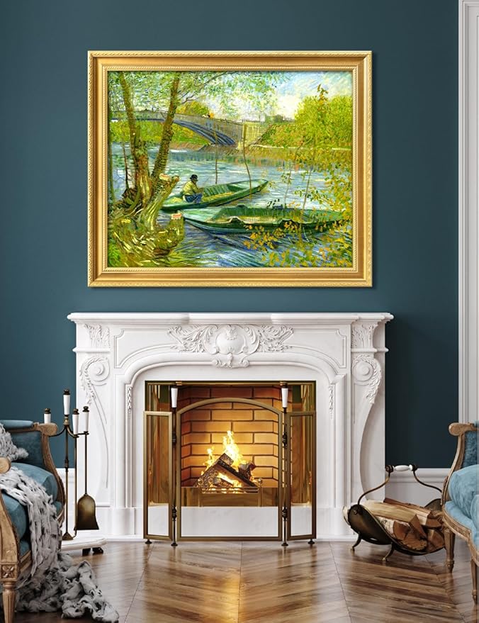 DECORARTS - Vincent van Gogh's Fishermen and Boats from the Pont de Clichy, Museum-Quality Giclee Canvas Print in Gold Solid Wood Frame, 34.75 x 28.75 in, Ready to Hang, Made in USA
