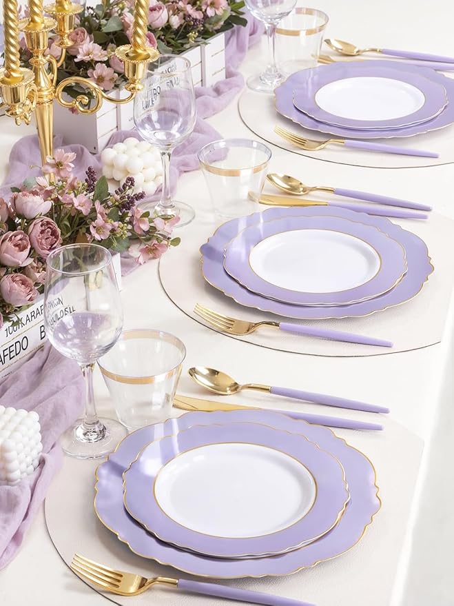 WDF 150Pcs Purple Plates Disposable - Baroque Lavender Purple and Gold Plates - 25Guest Plastic Dinnerware Ideal for Party/Spring/Picnic
