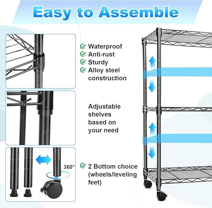 Whitmor 3 Tier Storage Shelves, Heavy Duty with Wheels, Adjustable Wardrobe Rack, 400 lbs Capacity per Shelf, Max 1200 lbs Total for Kitchen, Bathroom, Garage, 24" L x 14" W x 30.5" H, Black
