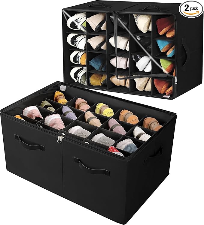 Shoe Organizer for Closet 2 Pack, Foldable Shoe Box with Adjustable Divider and Clear Cover, Space Saving Shoe Storage Organizer Cabinet with Reinforced Handles, Fits 40 Pair, Black, TP11B