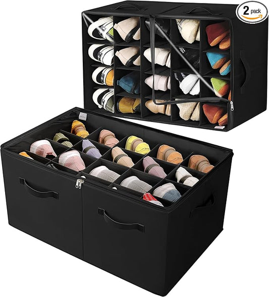 Shoe Organizer for Closet 2 Pack, Foldable Shoe Box with Adjustable Divider and Clear Cover, Space Saving Shoe Storage Organizer Cabinet with Reinforced Handles, Fits 40 Pair, Black, TP11B