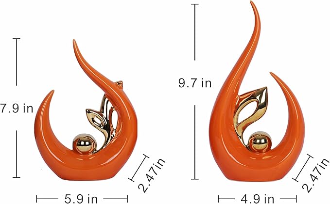 2 PCS Orange & Gold Mid Century Modern Decor Ceramic Statue - Dining Table Decorations & Centerpieces for Tables, Entryway, Kitchen, Shelf, Bookshelf