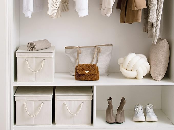 StorageWorks Storage Bins with Lids, Decorative Storage Boxes with Lid and Soft Rope Handles, Foldable Storage Baskets for Closet, Shelves, Stackable, 3-Pack, Ivory and White, Jumbo