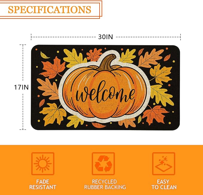 Fall Welcome Doormat 30x17 Inch Fall Pumpkin Front Door Mat Indoor Outdoor Entrance Floor Mats Non-Slip Washable Seasonal Autumn Thanksgiving Home Decor Rugs