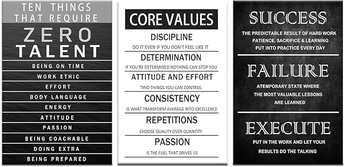 Office Inspirational Canvas Wall Art Core Values Quote Motivational Wall Decor Zero Talent Poster Picture Print 3 Panels Modern Inspiring Painting Artwork for Living Room Home Decor [72''Wx 36''H]