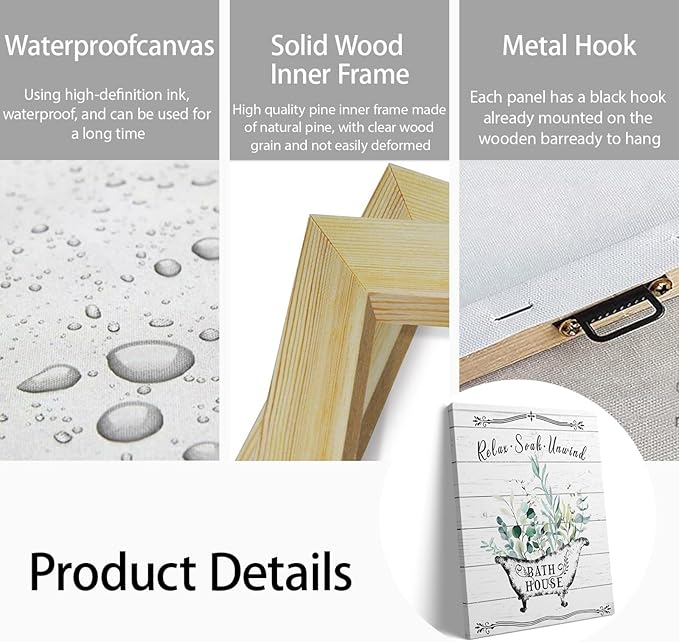 Floral Canvas Wall Art, Flowers Leaves Wall Decor, Rustic Wood Backdrop Bathroom Decor For Vintage Farmhouse Framed Canvas Artwork Ready to Hang 12x16inch