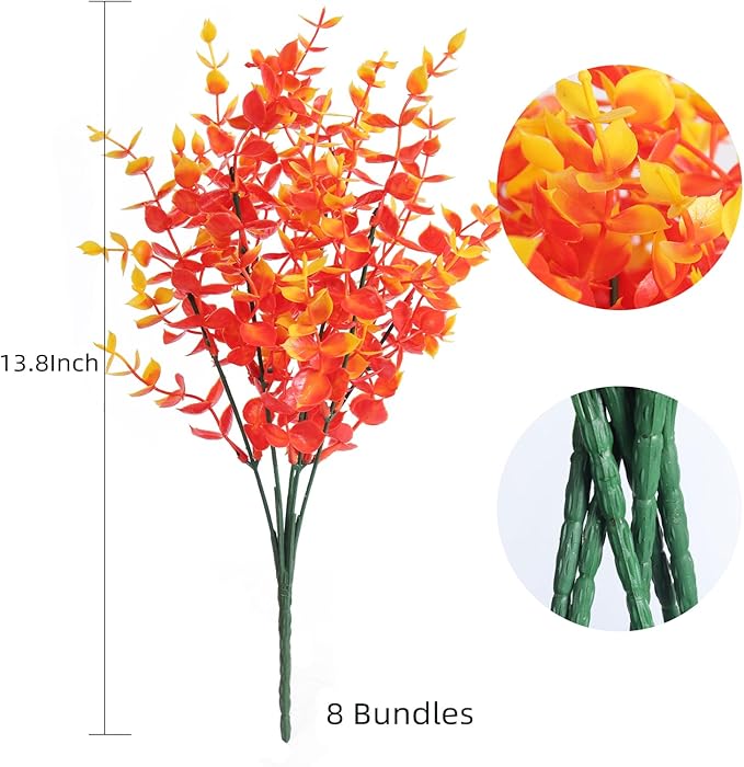 RECUTMS Artificial Outdoor Mums Artificial Eucalyptus Stems Faux Outdoor Boxwoods Faux Flowers for Outside Planters Outdoor Fake Potted Plants Faux Ferns for Outdoor Planter Large(Gold Eucalyptus)