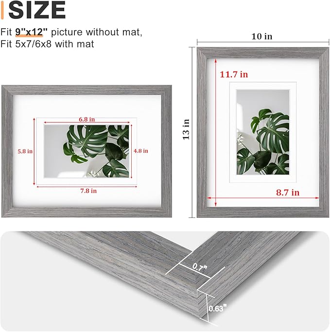 Egofine 9x12 Picture Frames Set of 4, Made of Solid Wood Covered by Plexiglass 5x7 and 6x8 with Mat or 9x12 without Mat, for Table Top Display and Wall Mounting Photo Frame Light Grey