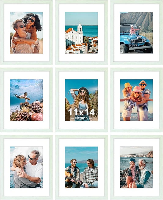 Vittanly 11x14 Picture Frames Set of 9, Shatter Resistant Plexiglass, Display 8x10 Pictures with Mat or 11x14 without Mat, Photo Frames for Wall or Tabletop, Engineered Wood, Vintage Green