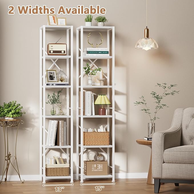 Furologee White Bookshelf 6 Tier Tall Narrow Bookcase, Modern Display Standing Shelf Unit, Metal and Wooden Storage Corner Shelves Organizer for Bedroom, Living Room, Office, Bathroom