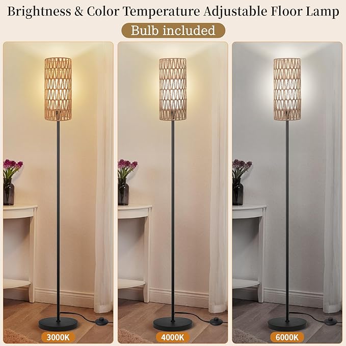 Floor Lamp for Living Room,Farmhouse Rattan Floor lamp,Modern Standing lamp with Dimmer LED Bulb,Black Tall Lamp with Remote Control