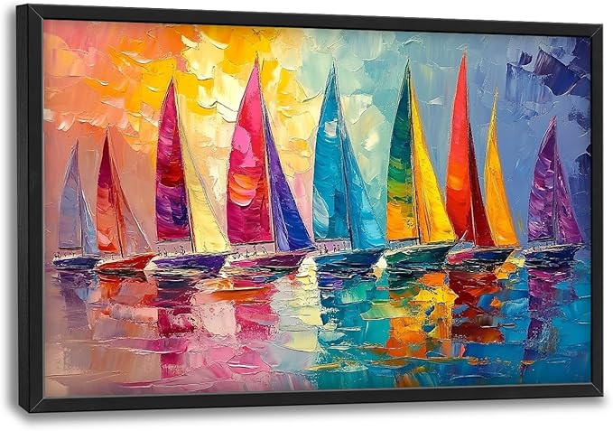 Large Coastal Sailboat Framed Wall Art for Living Room, Colorful Sailboats Canvas Wall Decor, Vintage Nautical Pictures Painting, Modern Landscape Artwork for Bedroom 36L'' × 24W''