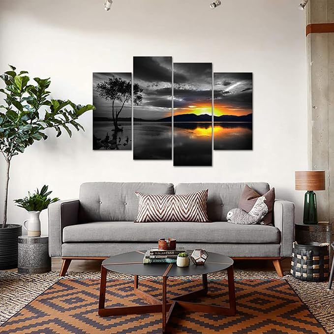Biuteawal 4 Piece Black and White Wall Art Golden Sunset on Lake Picture Painting Lonely Tree Photo Print on Canvas Nature Landscape Poster Living Room Bedroom Decor Framed Ready to Hang