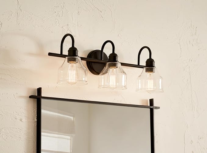KICHLER Avery 24" 3-Light Bathroom Vanity Light in Black with Clear Seeded Glass for Bathroom and Powder Room Vanity, Industrial Styling, (24" W x 9.5" H x 8.25" Ext.), 45973BK