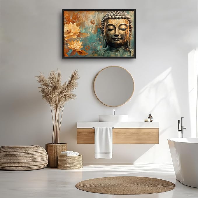 Framed Large Wall Art for Living Room, Golden Buddhist Canvas Wall Decor, Large Lotus Pictures Framed Painting, Zen Meditation Artwork for Bedroom Office Home Decor 36L'' × 24W''