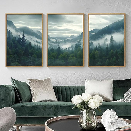 IARTTOP Large Misty Mountain Framed Wall Art 16x24 inch Green Foggy Forest Canvas Wall Decor Modern Pine Trees Nature Landscape Prints for Living Room Bedroom Set of 3