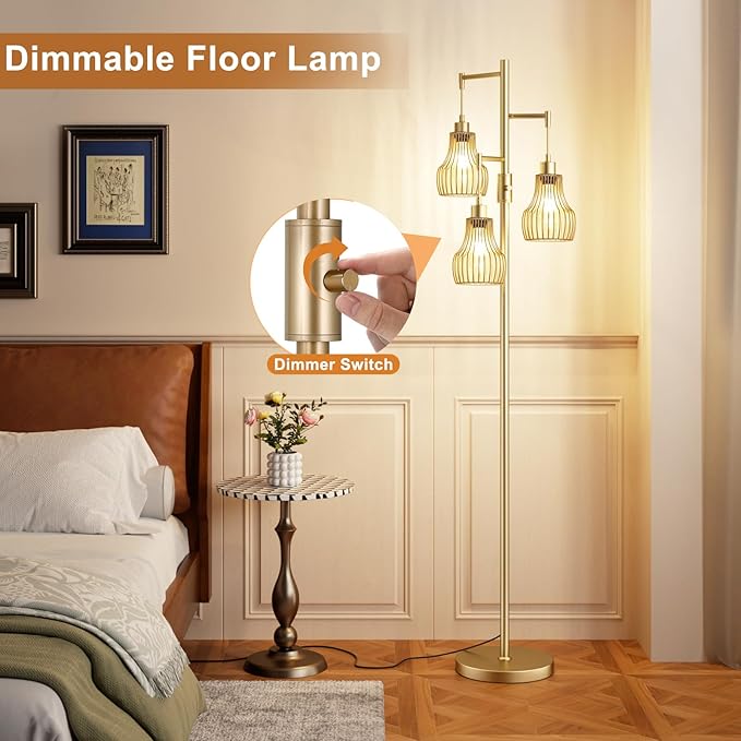 Dimmable Gold Floor Lamps for Living Room, 70" Farmhouse Tree Standing Tall Lamps with 3 Elegant Cage Shade & 800 Lumens LED Bulbs for Bedroom Office