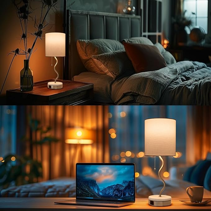 Marble Base Table Lamp - Modern Bedside Lamp with USB Port & Pull Chain, Lamp for Bedroom, Living Room, or Office - Elegant Marble and Metal Design