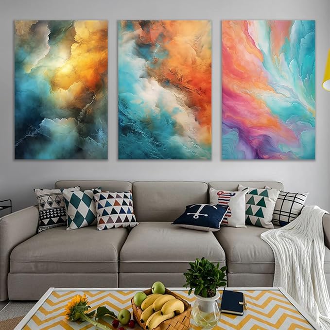 3 Piece Colorful Rendering Canvas Wall Art Large Size Posters Print Home Decor Modern Abstract Theme Picture Painting Artwork use for Living Room Hotel Office Stretched and Framed [72''Wx 36''H]
