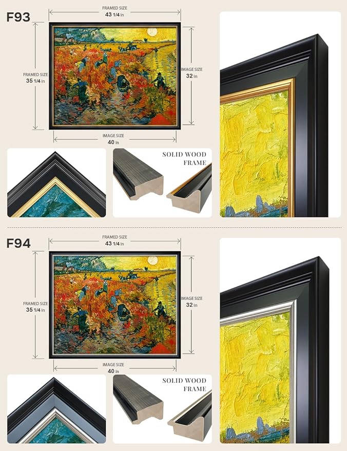 DECORARTS - The Red Vineyards by Vincent Van Gogh, Large Giclee Canvas Print with Solid Wood Frame, Oversized Wall Art Decor