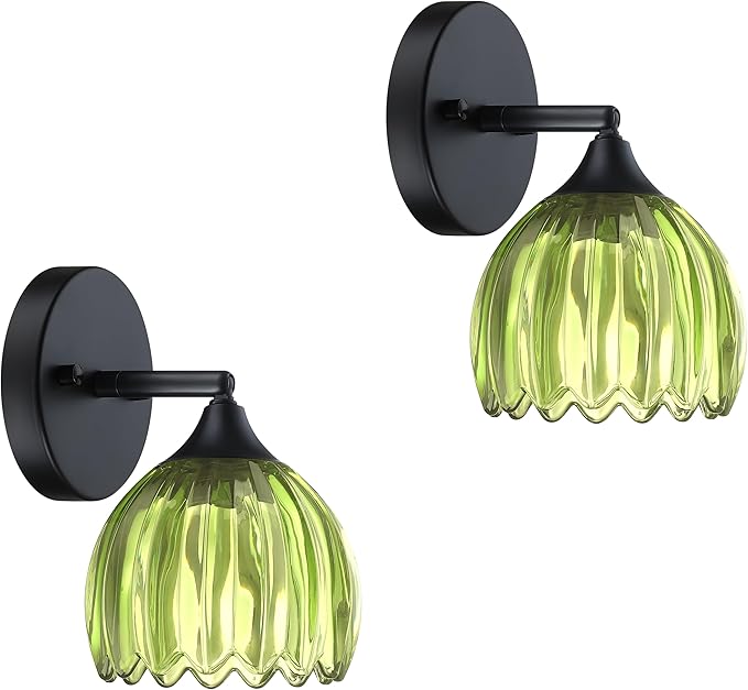2 Pack 1 Light Vintage Wall Sconces Tulip Dark Green Glass Lampshade Hradwired Modern Black Wall Lighting Fixture for Bedside Bedroom Doorway