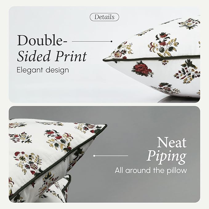 CPC 100% Cotton Throw Pillow Covers 20x20 Inch, Set of 2 Green Block Print Pattern Couch Pillow, Cute Boho Decorative Pillows for Living Room, Bedroom with Hidden Zipper- Fall Green